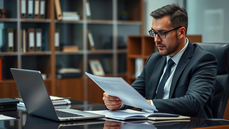 Puede incluir: Un hombre con traje oscuro y corbata est&aacute; sentado en un escritorio, revisando documentos. Lleva gafas y tiene barba. Un ordenador port&aacute;til est&aacute; abierto en el escritorio frente a &eacute;l.