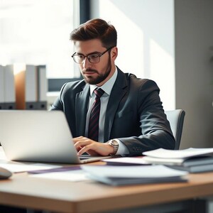 Puede incluir: Un hombre con traje oscuro y corbata est&aacute; sentado en un escritorio, trabajando en una computadora port&aacute;til. Lleva gafas y tiene barba. Hay papeles y una taza de caf&eacute; en el escritorio.