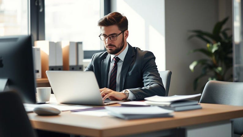 Puede incluir: Un hombre con traje oscuro y corbata est&aacute; sentado en un escritorio, trabajando en una computadora port&aacute;til. Lleva gafas y tiene barba. Hay papeles y una taza de caf&eacute; en el escritorio.