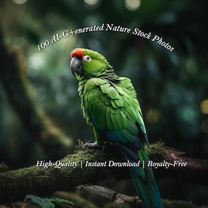 May include: A green parrot with a red head perched on a branch covered in moss. The parrot is looking to the left of the image. The background is blurred and green.