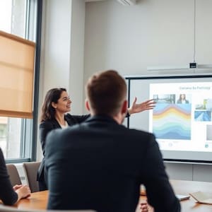 Puede incluir: Una mujer con un blazer negro presenta una gr&aacute;fica colorida en una pantalla de proyecci&oacute;n a un grupo de personas en una sala de reuniones. La gr&aacute;fica tiene el t&iacute;tulo "Corners to Positioning".