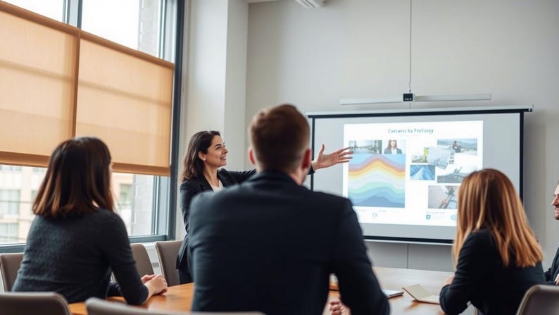 Puede incluir: Una mujer con un blazer negro presenta una gr&aacute;fica colorida en una pantalla de proyecci&oacute;n a un grupo de personas en una sala de reuniones. La gr&aacute;fica tiene el t&iacute;tulo "Corners to Positioning".