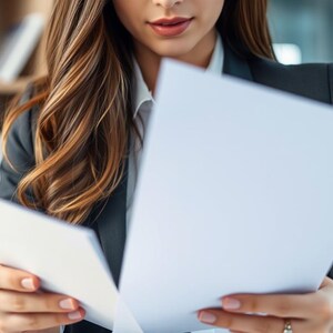 Puede incluir: Una mujer con un blazer negro est&aacute; revisando documentos. Sostiene dos hojas de papel blancas en sus manos y las mira atentamente.
