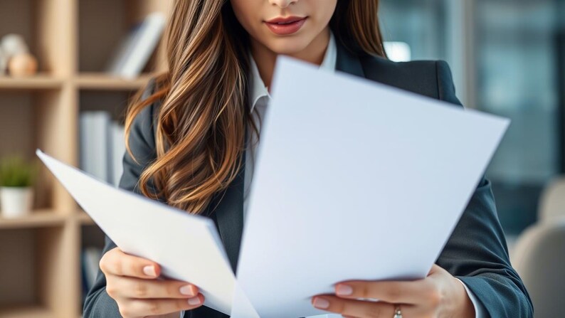 Puede incluir: Una mujer con un blazer negro est&aacute; revisando documentos. Sostiene dos hojas de papel blancas en sus manos y las mira atentamente.