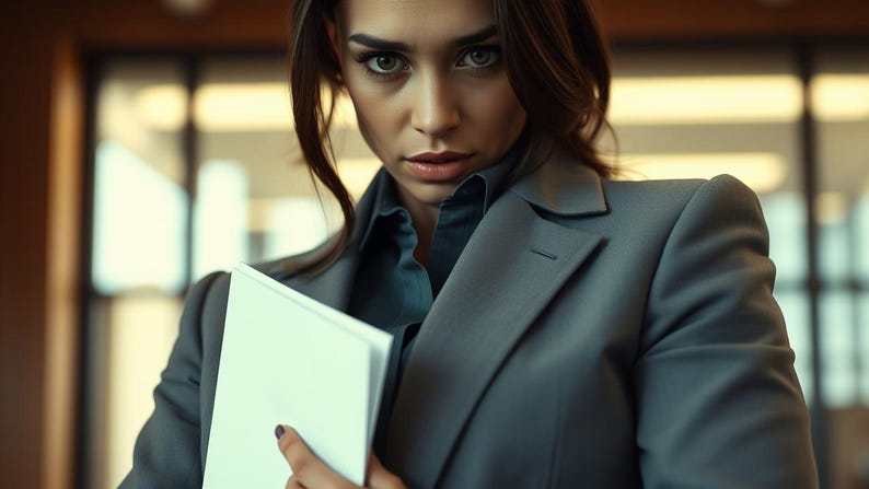 Puede incluir: Una mujer con un blazer gris y una camisa azul sostiene un documento blanco. Est&aacute; mirando directamente a la c&aacute;mara.