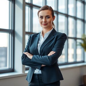 Puede incluir: Una mujer con un blazer azul oscuro y una camisa blanca debajo, de pie frente a una ventana grande con los brazos cruzados.
