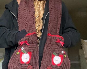 Apple Scarf | Scarf With Divided Pockets | Women's Knit Crochet Scarf | Handmade Chunky Wool Scarf | High Quality | Fluffy Tassel Scarf
