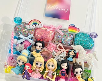 Princess sensory play dough kit organic playdoh kid birthday gift for girl rainbow unicorn busy box party favor glitter sensory bin present