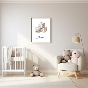 Impresión personalizada con nombre de bloques azules para bebé / Arte de pared con nombre personalizado para guardería / Bonita decoración para bebé recién nacido / Póster de descarga digital