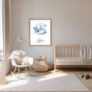 Impresión personalizada con nombre de osito durmiendo / Arte de pared personalizado para guardería de bebé / Decoración linda con temática de nubes / Descarga digital / Arte de pared para bebé niño