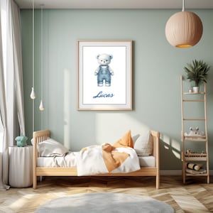 Póster con nombre de osito de peluche personalizado / Lindo arte de pared personalizado para guardería de bebé / Adorable diseño de mono azul / Descarga digital / Arte para bebé niño