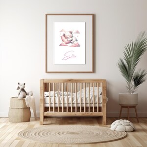 Nom personnalisé ours endormi / Art mural rose pour chambre de bébé / Décoration personnalisée pour chambre de bébé fille / Joli cadeau pour nouveau-né / Poster en téléchargement numérique