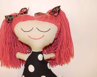 Handmade Rag Doll.  Fun pink punk rock hair and polka dot dress.  OOAK