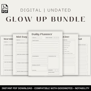 Könnte beinhalten: Ein Satz druckbarer digitaler Planerseiten für tägliche, mittags- und morgendliche Routinen. Die Seiten sind im minimalistischen Stil mit schwarzem Text auf weißem Hintergrund gestaltet. Die Seiten beinhalten Abschnitte für Ziele, Termine, Dankbarkeit und mehr.