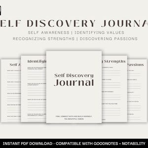May include: A digital PDF journal titled "Self Discovery Journal" with prompts for self-awareness, identifying values, recognizing strengths, and discovering passions. The journal is compatible with GoodNotes and Notability.