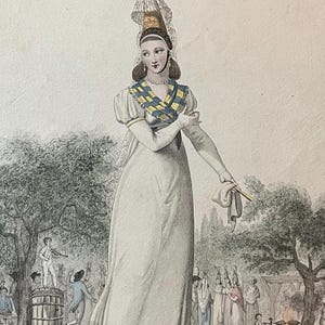 Antique Hand-Coloured Engraving of Normandy Woman, 19th-Century Costume fashion art print