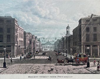 1822 Antique Hand-Coloured Engraving of Regent Street from Piccadilly, 19th Century art, T H Shepherd, J Black