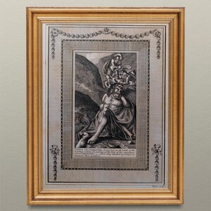 May include: A black and white engraving of a man sitting on a rock with a crown on his head. The engraving is framed in a gold frame with a decorative border. The text below the engraving reads: "Whether the Canaanites, being God of the Land of the Cyclops, can justly claim the Right of the Gods, to punish the impious, since they abstained by timorous Compunction, none can deny."