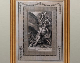 Grabado de Odiseo y el cíclope Polifemo (A5). Grabado artístico de mitología griega.