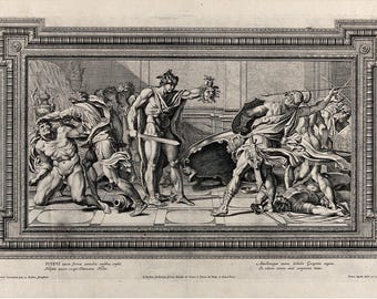 Grabado de Perseo y Medusa / Arte mural de mitología griega A4 / Obra de arte de estilo romano antiguo / Póster de guerrero clásico