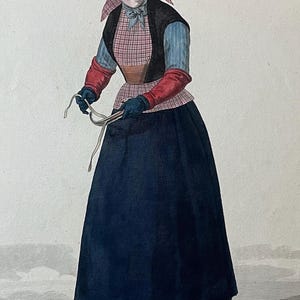 Antique Hand-Coloured Engraving of Frisian Girl, 19th Century fashion print, Gatine