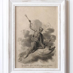 May include: A black and white illustration of a figure with a crown, holding a bow and arrow, sitting on a crescent moon. The text below reads "Thy shaft flew thrice: and thrice my peace was slain: And thrice, ore thrice yon moon had filld her horn."