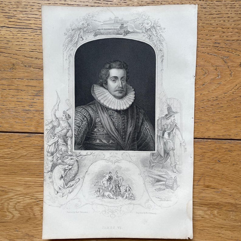 May include: A black and white engraving of a man in a ruff collar and elaborate clothing. The engraving is surrounded by a decorative border with images of hunting scenes and a coat of arms.