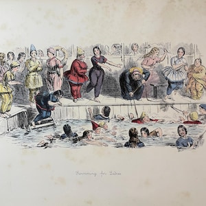 1868 Hand-Coloured Lithograph "Swimming for Ladies" by John Leech - Rare Victorian Satirical Print