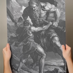 Odysseus vs Giant Art Print | Greek Mythology Wall Art | Heroic Engraving Style | A5 & A4 Sizes | Epic Ancient Greece Decor