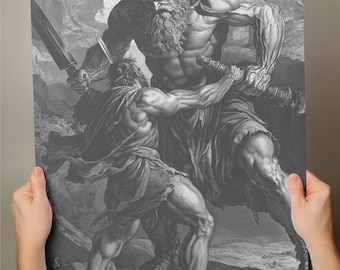 Odysseus vs Giant Art Print | Greek Mythology Wall Art | Heroic Engraving Style | A5 & A4 Sizes | Epic Ancient Greece Decor