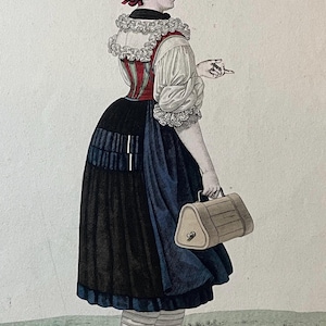 Antique Hand-Coloured Engraving of Tyrolean Girl, Antique Costume fashion Print (Otz Valley)