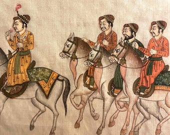 Mounted Moghul Painting of Horsemen - Gouache on Silk - Rare Find!