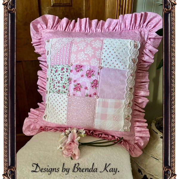 9 Square quilted Pillow cover, Various pink fabrics, Vintage Lace Trim, Lace Hanky, Pink buttons