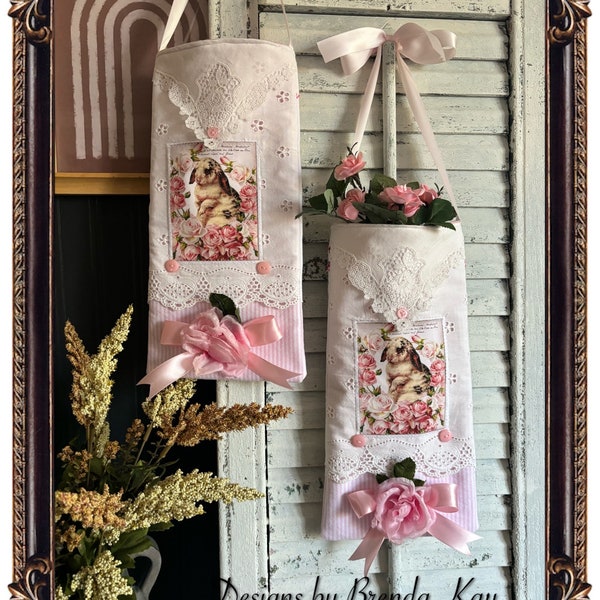 Romantic Cottage Pocket Hanger, Vintage Laces, Hankies, Pink Buttons, Custom Bunny Graphic, Door Hanger, Ticking Fabric, Farmhouse Easter