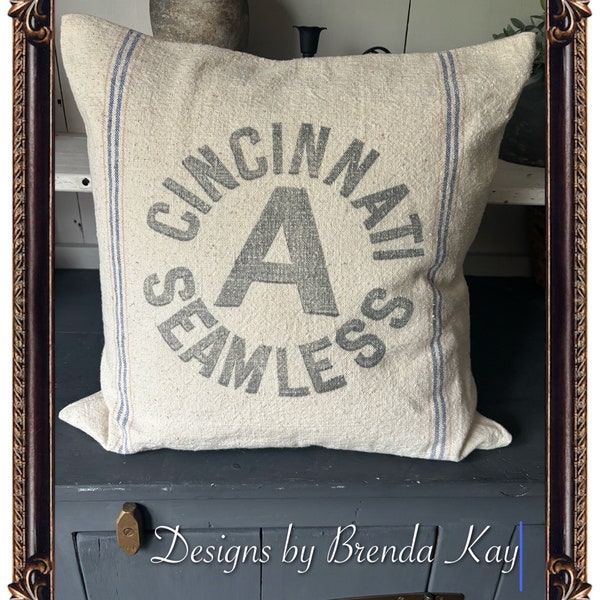 Antique Grainsack repurposed Pillow Cover, Cincinnati Seamless A, Farmhouse, Cottage