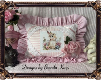 Sweet & Pink Bunny graphic pillow, Vintage Lace, Hanky, Buttons, Millinery Rose. Shabby Cottage Chic.