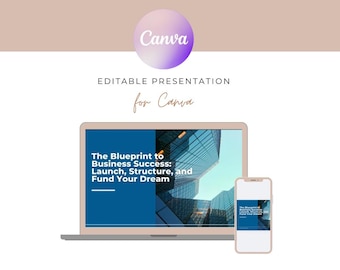 May include: A laptop and a smartphone screen display a presentation titled "The Blueprint to Business Success: Launch, Structure, and Fund Your Dream". The presentation uses a blue background with white text and a cityscape image.