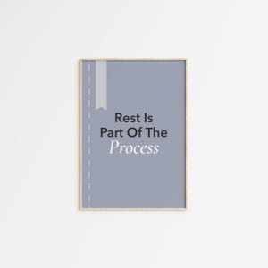 Può includere: Una stampa incorniciata con sfondo grigio chiaro e la scritta "Rest Is Part Of The Process" in bianco e nero. Una striscia verticale grigio chiaro e uno striscione grigio sono sul lato sinistro della stampa.