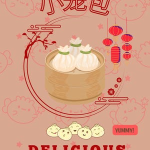 Cute Xiaolongbao Dumpling Wall Art | Asian Food Kitchen Printable | Dim Sum Decor | Kitchen Wall Art  Digital Download