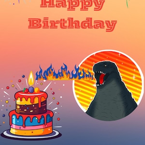 Tarjeta de cumpleaños con temática de Godzilla – Imprimible digitalmente – Tarjeta de felicitación de fiesta de Kaiju – Descarga instantánea