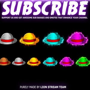 Puede incluir: Imagen que presenta una colección de sombreros de paja de dibujos animados en varios colores, incluyendo marrón, plateado, amarillo, turquesa, morado y verde, cada uno con una banda roja. La palabra "SUBSCRIBE" está en la parte superior.