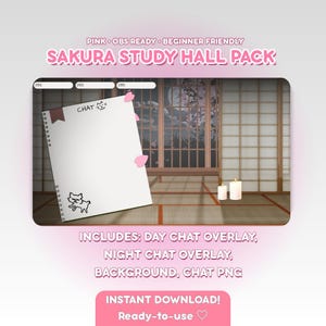 Puede incluir: Anuncio de producto digital con tema rosa y blanco. El texto dice "Sakura Study Hall Pack" e incluye un bloc de notas con "Chat", un dibujo de gato y detalles de flores rosas. El fondo presenta una habitación de estilo japonés.