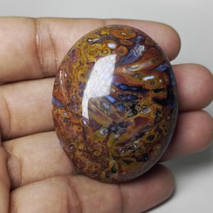 May include: An oval-shaped gemstone with a polished surface. The stone features a swirling pattern of brown, yellow, blue, and white colors. The gemstone is held in a hand, showcasing its size and shape.