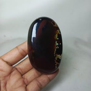 May include: A polished, oval-shaped stone with a deep, dark brown color. The stone has a smooth, glossy surface with a lighter, textured area along one edge, displaying shades of gold and white. The stone is held in a hand against a plain white background.