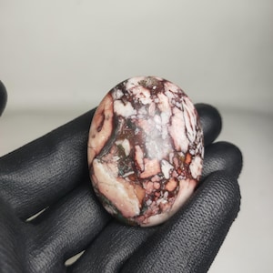 May include: An oval-shaped gemstone with a marbled pattern of white, pink, and dark brown. The polished stone is held in a black gloved hand, showcasing its natural colors and textures. The stone's surface has a smooth, glossy finish.
