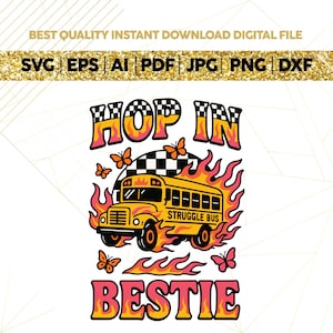 Hop In Bestie PNG, Struggle Bus Png, Trendy PNG | Beliebte PNG | Psychische Gesundheit Png | Lustige Angst Png, niedliches Aufkleberdesign, kariertes Feuer Png,