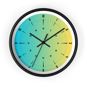 May include: A round wall clock with a black frame and a gradient face transitioning from teal on the left to yellow on the right. The clock features black hour markers numbered 1 through 12 and smaller minute markers numbered 5 through 60.