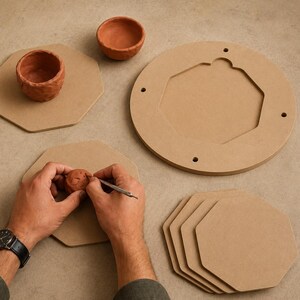Peut inclure: Un ensemble de poterie avec des bols en argile terracotta et un moule en bois. Une personne utilise un outil pour façonner un petit objet en argile sur une surface en bois. D'autres surfaces en bois sont également présentes.