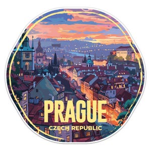 Könnte beinhalten: Eine farbenfrohe Illustration von Prag, Tschechien, mit einem Sonnenuntergangshimmel und der Skyline der Stadt im Hintergrund. Der Text "PRAGUE" und "TSCHECHISCHE REPUBLIK" ist in Gelb.