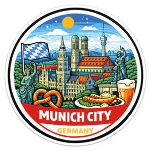 May include: A circular sticker with a vibrant illustration of Munich, Germany. The design showcases landmarks, a pretzel, sausages, beer, and the text "MUNICH CITY GERMANY" in a red banner.